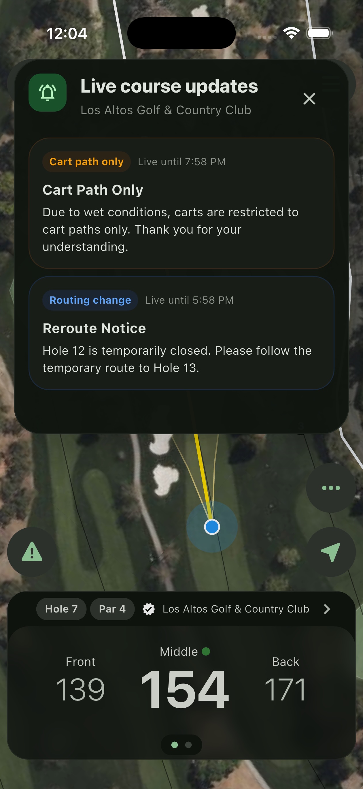 Mobile app showing live course updates for cart path only and reroute notices