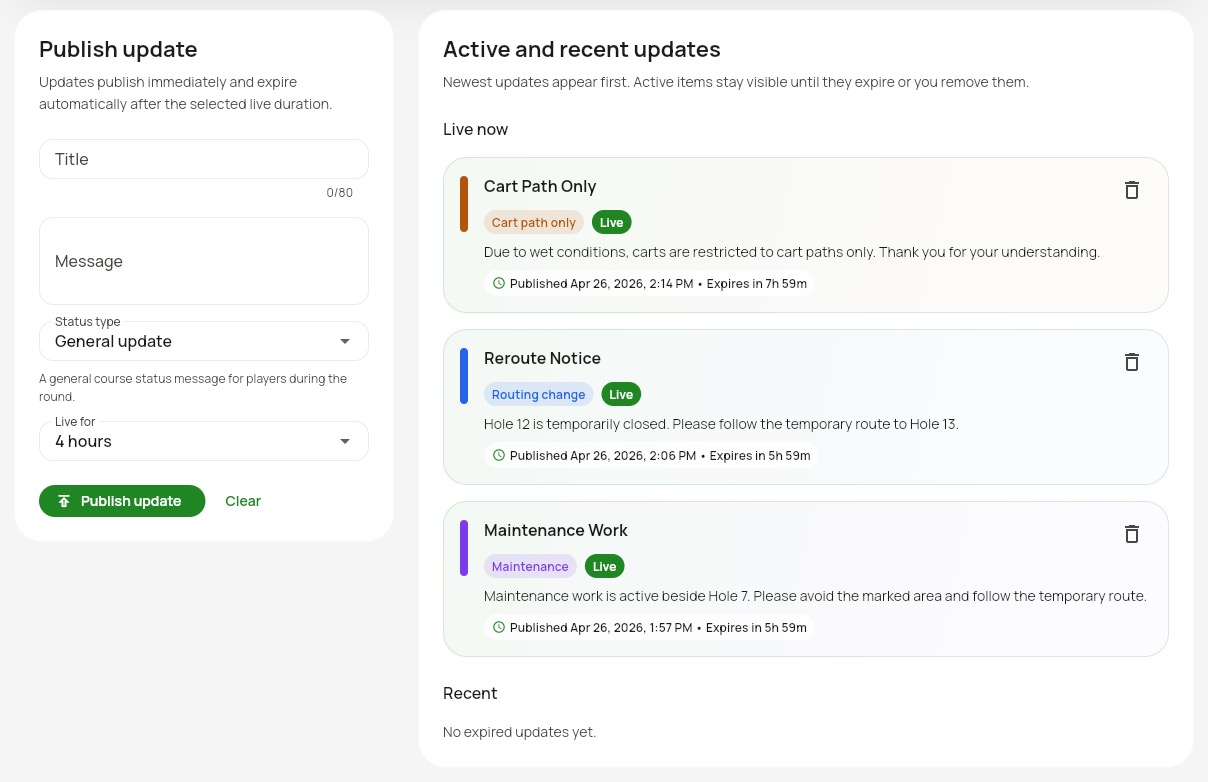Course console showing active course alerts and update composer