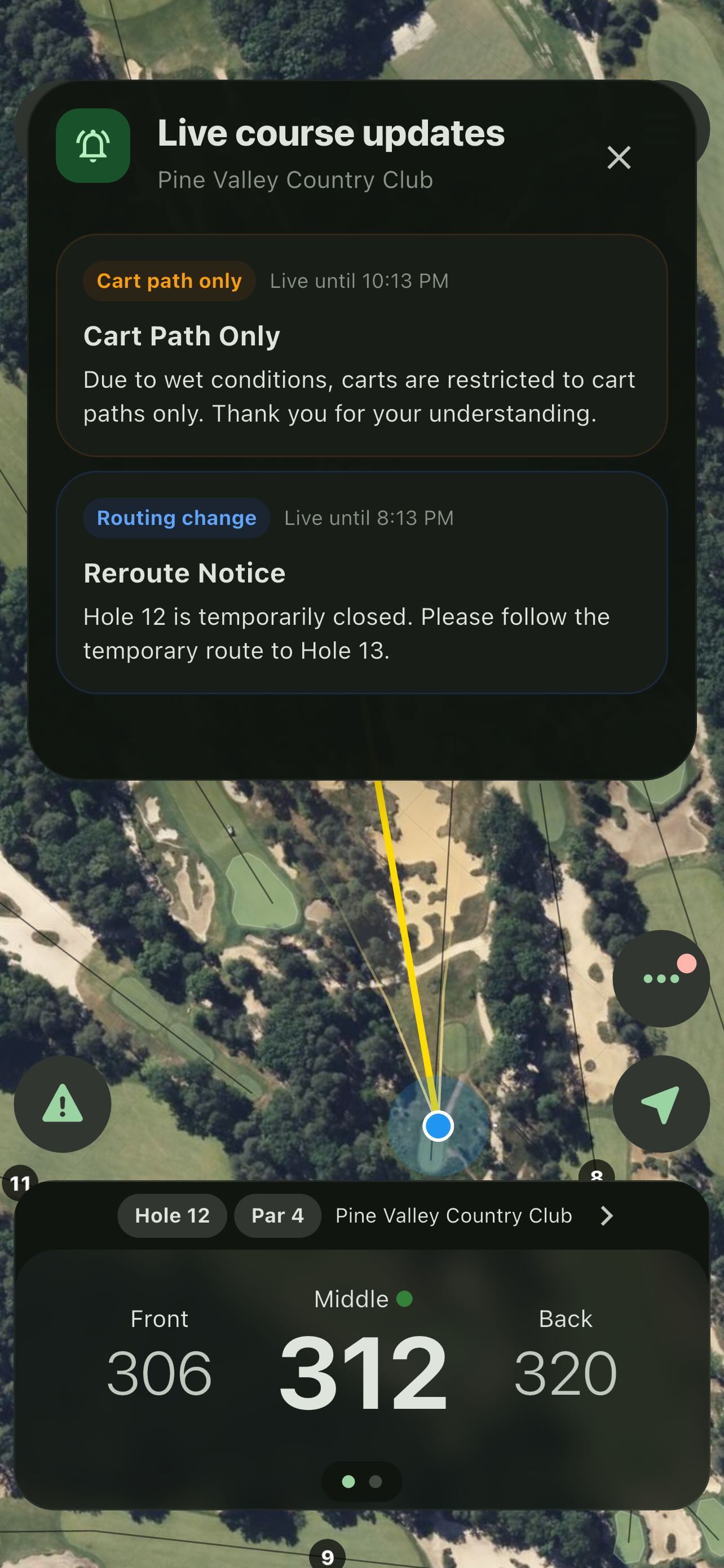 Mobile app showing live course updates for cart path only and reroute notices
