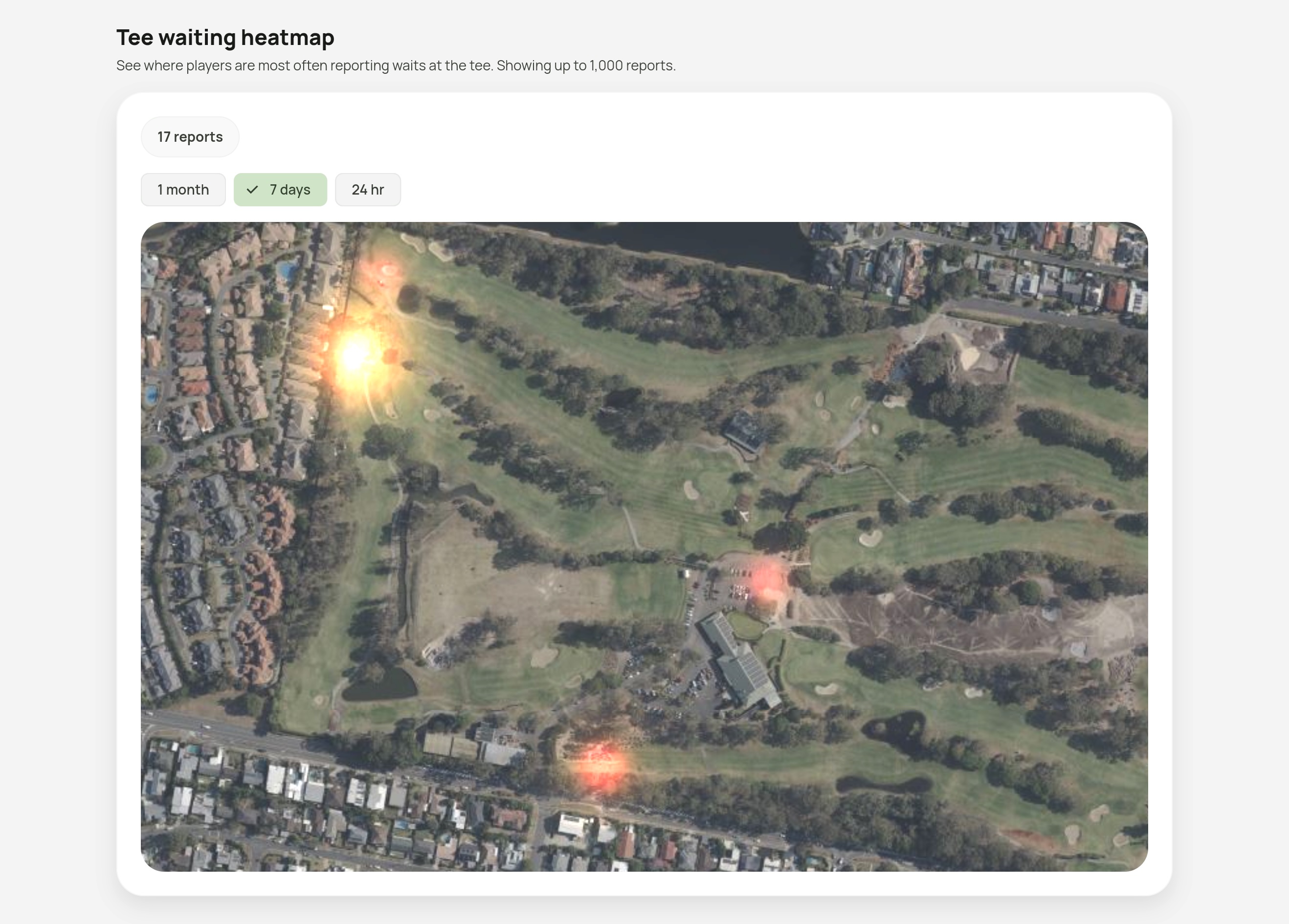 Tee waiting heatmap showing high concentration waiting areas on a course map