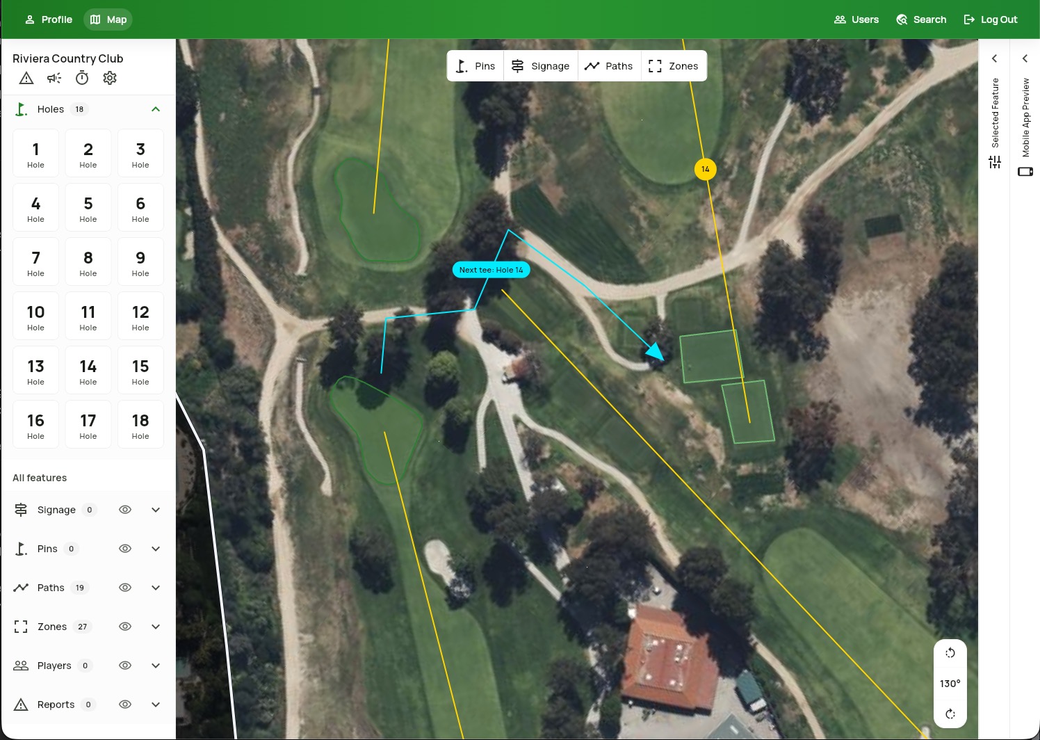 Course console showing an arrowed route from one hole to the next tee
