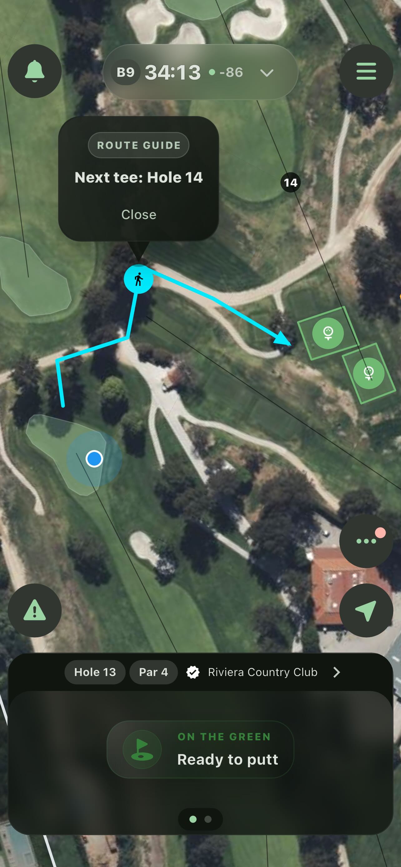 Mobile app showing next tee route guidance