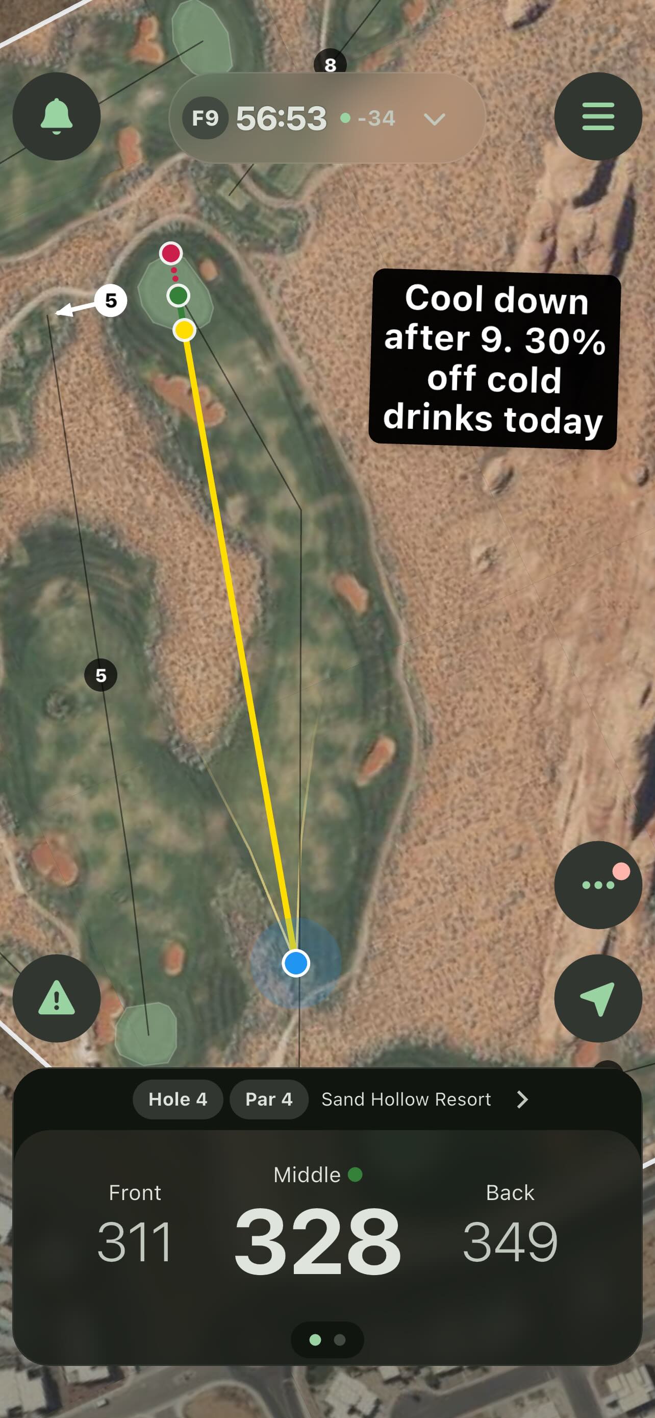 Mobile app showing an on-course signage offer during the round